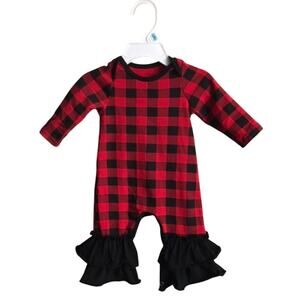 Red and Black Buffalo Plaid Ruffled Pant Romper Holiday Christmas Baby Girl